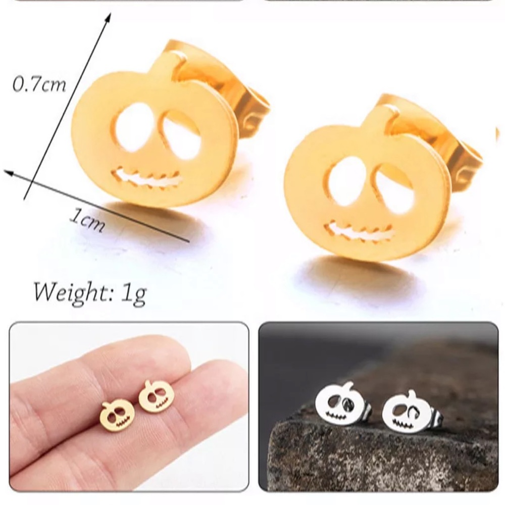 STAINLESS STEEL GOLD Pumpkin Halloween Stud Earrings with Gift Bag - Picture 3 of 5